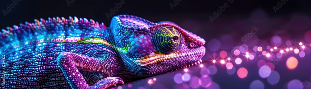 Obraz premium Close-up of a vibrant chameleon with colorful scales glowing under a dark background with bokeh lights.