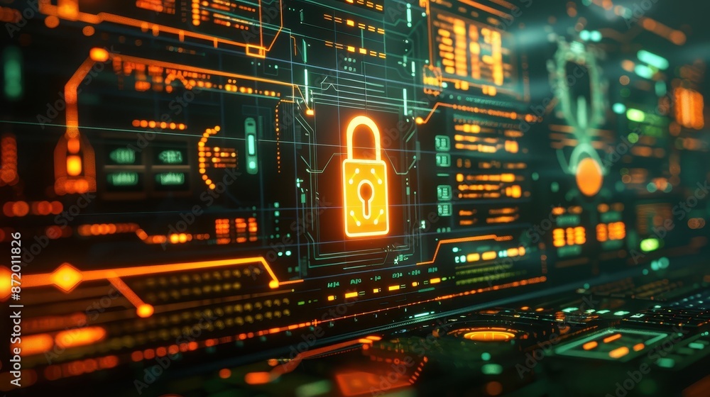 Fototapeta premium Futuristic Cybersecurity Interface with Digital Lock Symbol and Data Streams in High-Tech Environment