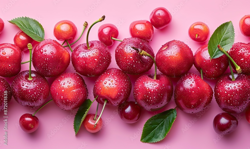 cherry pattern flat lay of cherries on pink background top view.image cherry pattern flat lay of cherries on pink background top view.image