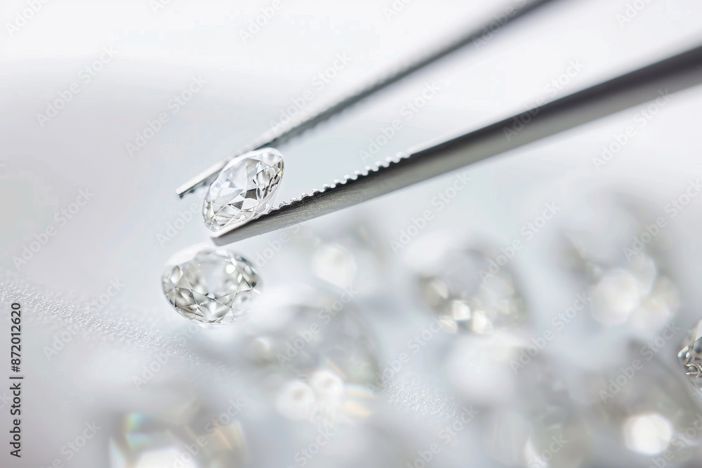 close up holding diamond with tweezers, focus on the small and beautiful white oval-shaped rough gemstone, white background, minimalist design close up holding diamond with tweezers, focus on the small and beautiful white oval-shaped rough gemstone, white background, minimalist design