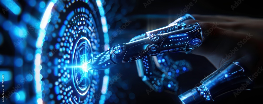 Futuristic robotic hand with neon lights interacting with a high-tech interface, showcasing advanced technology and artificial intelligence innovation. Futuristic robotic hand with neon lights interacting with a high-tech interface, showcasing advanced technology and artificial intelligence innovation.