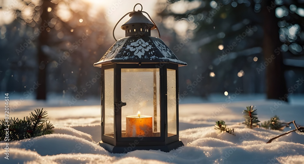Christmas lantern in the snow with fir branches in the sun. winter decoration background. Generative AI Christmas lantern in the snow with fir branches in the sun. winter decoration background. Generative AI