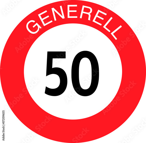 Round red, white and black colored speed limit sign 50 kilometers per hour of Switzerland. Illustration made July 3rd, 2024, Zurich, Switzerland.