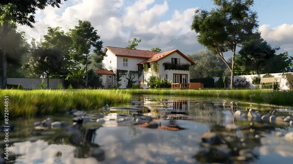 3D Illustration of a White House with Red Roof and a Pond in Front of it 3D Illustration of a White House with Red Roof and a Pond in Front of it