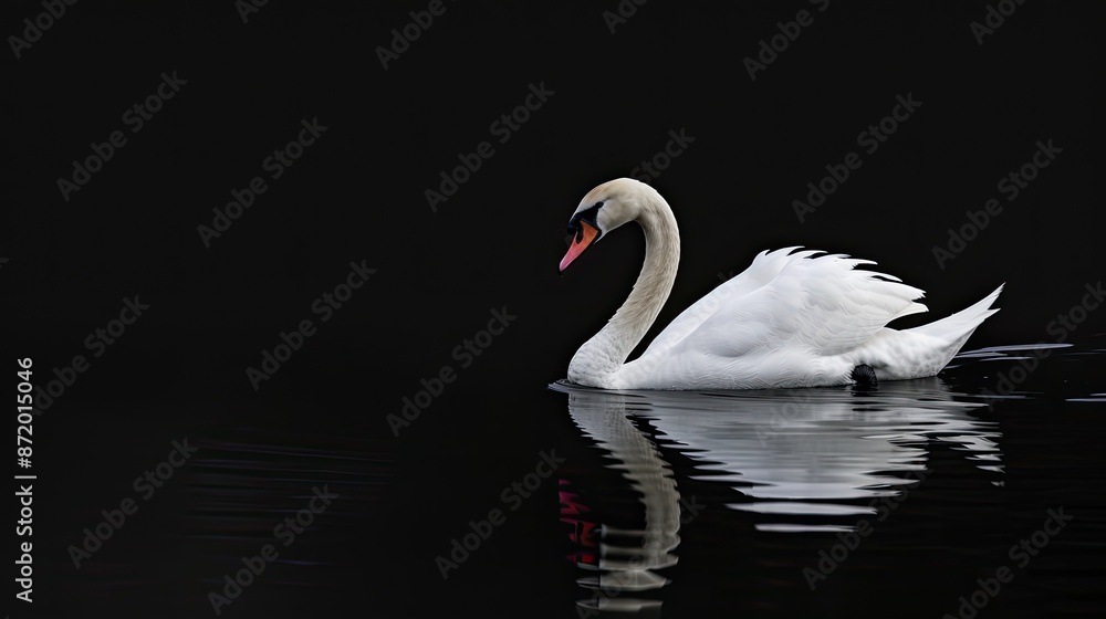 Fototapeta premium A single white swan swims gracefully across a dark, still water surface