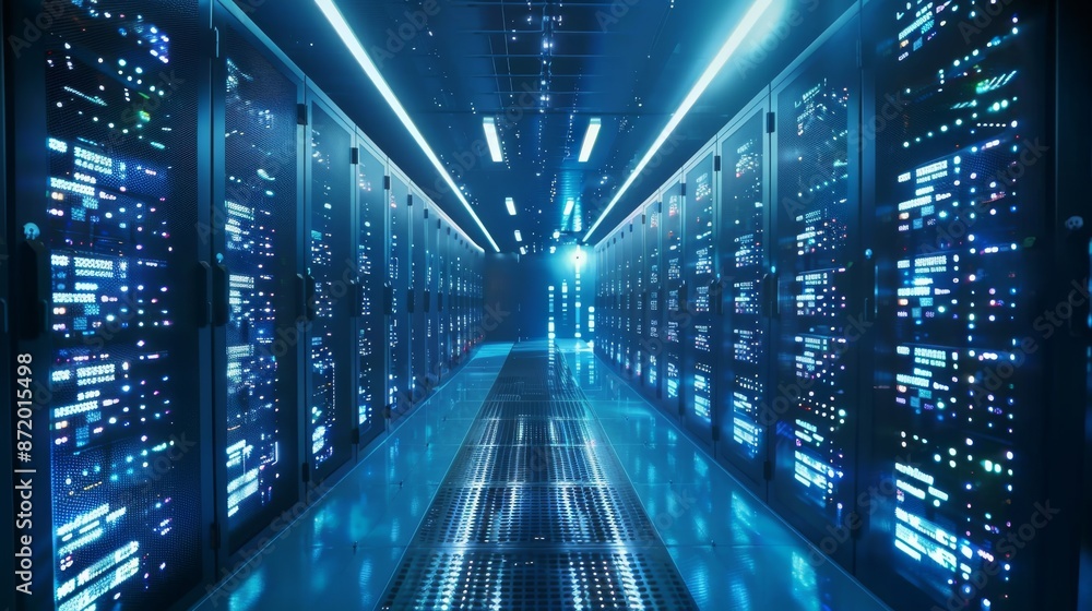 a modern data center, with rows of server racks a modern data center, with rows of server racks
