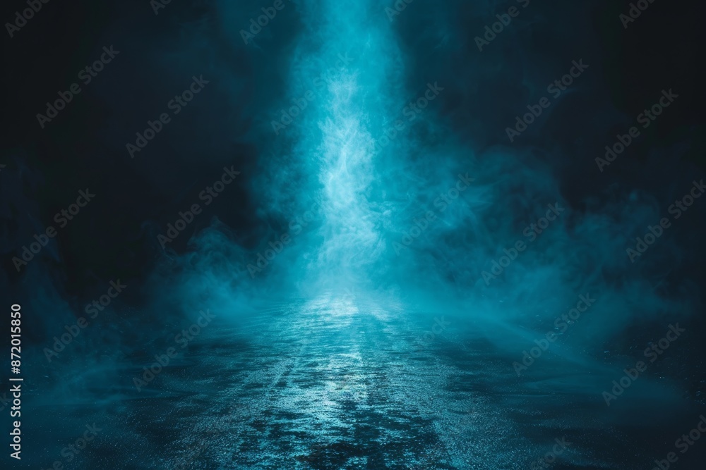 Obraz premium A smoky on the walkway floor background enhances the mystique of a dark road, from which a blue glow emanates, captured in the cyclorama style.