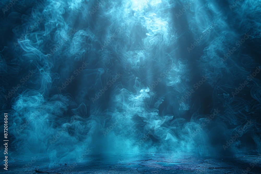 Obraz premium A smoky on the walkway floor background enhances the mystique of a dark road, from which a blue glow emanates, captured in the cyclorama style.
