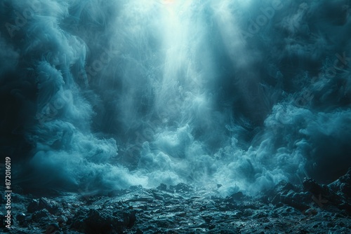 A smoky on the walkway floor background enhances the mystique of a dark road, from which a blue glow emanates, captured in the cyclorama style.