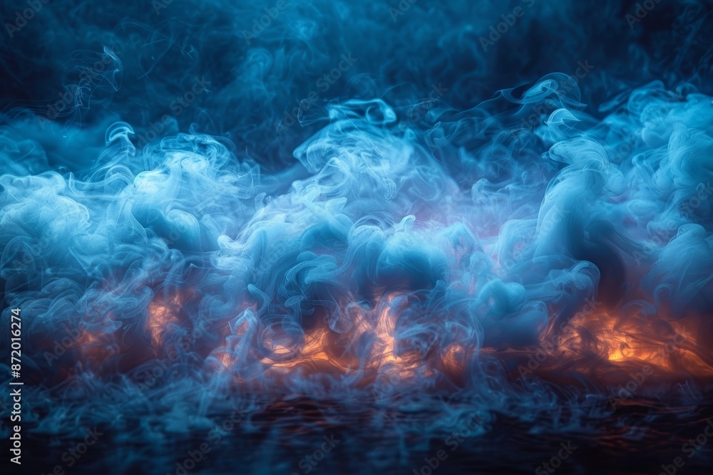 A smoky on the walkway floor background enhances the mystique of a dark road, from which a blue glow emanates, captured in the cyclorama style. A smoky on the walkway floor background enhances the mystique of a dark road, from which a blue glow emanates, captured in the cyclorama style.