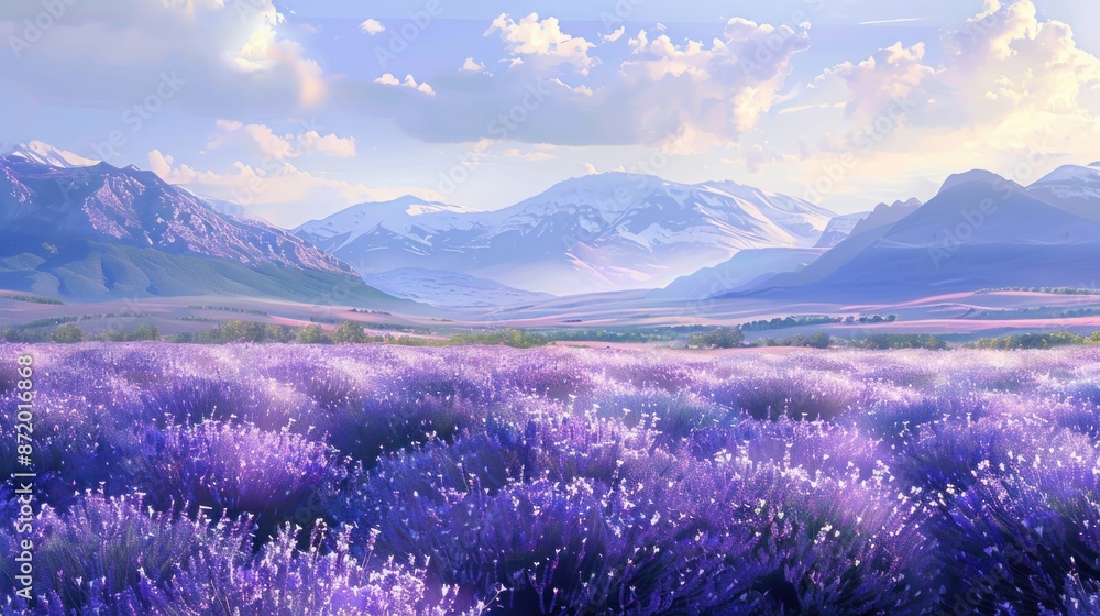 Sunlit lavender field with mountains in the distance Sunlit lavender field with mountains in the distance