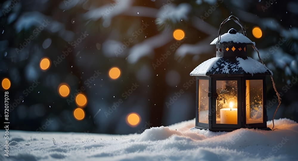 Christmas lantern in the snow with fir branches in the sun. winter decoration background. Generative AI Christmas lantern in the snow with fir branches in the sun. winter decoration background. Generative AI
