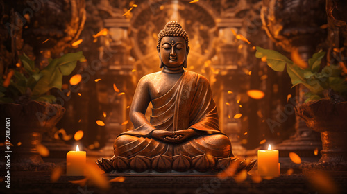 Buddha statue meditating peacefully in a golden temple