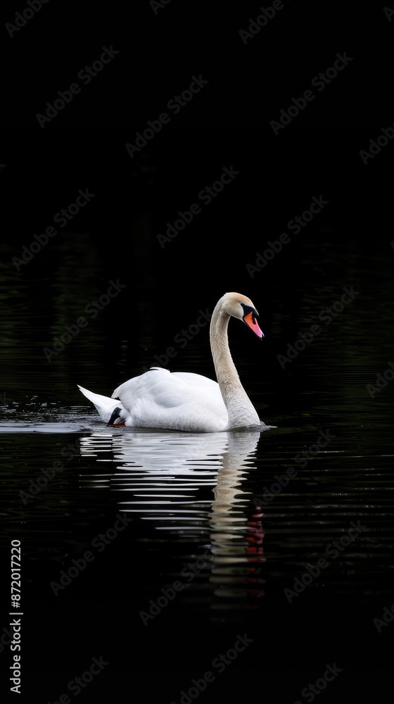 A single white swan swims gracefully across a dark, still water surface A single white swan swims gracefully across a dark, still water surface