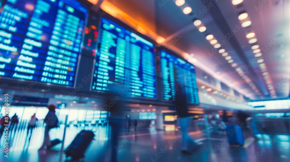 Blurred image of travelers in a vibrant airport terminal. A large blue flight information board displays schedules as people move with their luggage Blurred image of travelers in a vibrant airport terminal. A large blue flight information board displays schedules as people move with their luggage