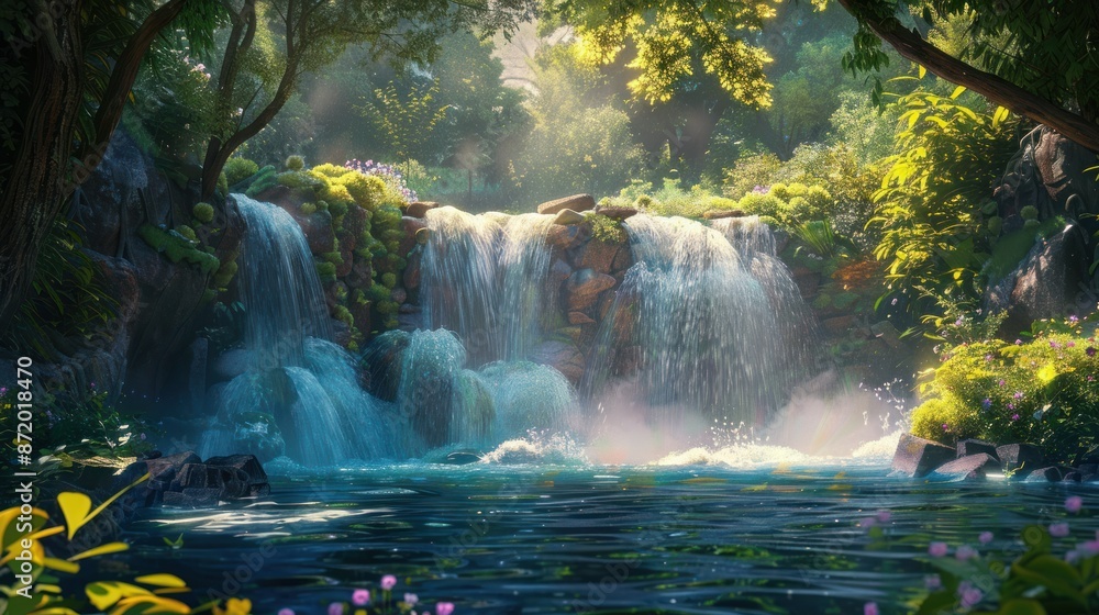 Cascading waterfall surrounded by vibrant green foliage Cascading waterfall surrounded by vibrant green foliage