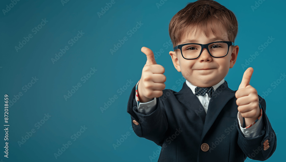 Happy Boy in Glasses and Suit Showing Thumbs Up on Blue Background with Copy Space Happy Boy in Glasses and Suit Showing Thumbs Up on Blue Background with Copy Space