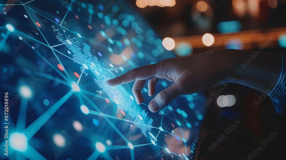 Futuristic technology robot and human hands touching on big data network background Futuristic technology robot and human hands touching on big data network background