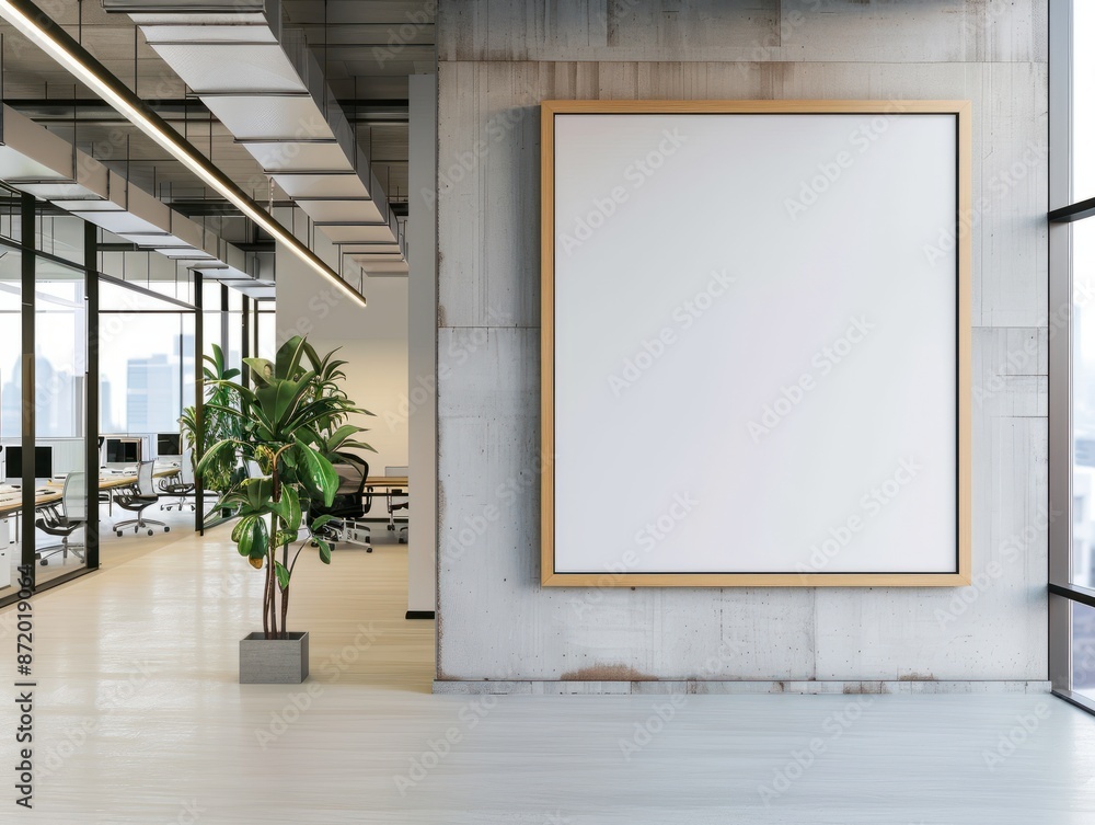 An empty poster frame in a modern office interior, on a concrete wall, with natural light from windows, concept of advertising space. Generative AI