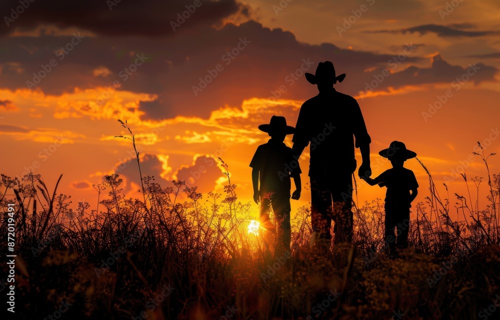 silhouette of father with two kids, walking in the field at sunset Generative AI silhouette of father with two kids, walking in the field at sunset Generative AI