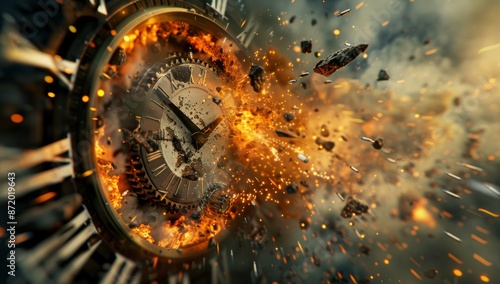 A surreal depiction of time features a clock bursting into flames, creating a dramatic and intense visual. photo
