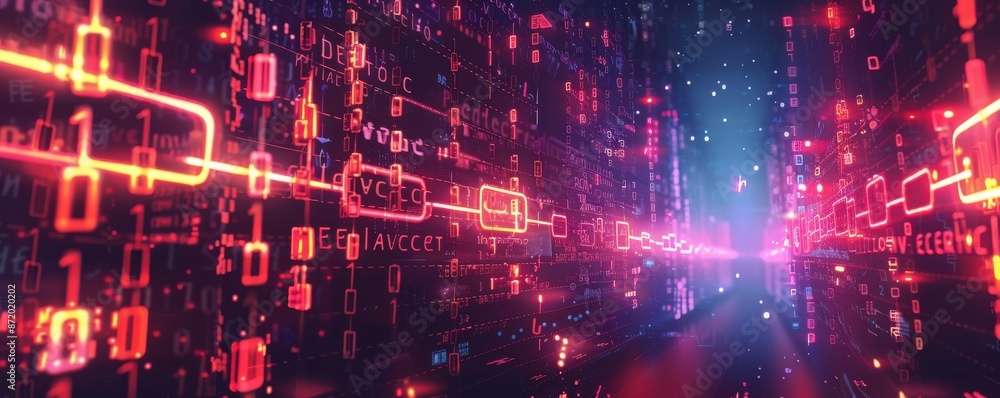 Abstract Digital Data Stream with Neon Lights and Binary Code. Abstract Digital Data Stream with Neon Lights and Binary Code.
