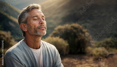mature man with closed eyes in nature, concept of dreaming, meditation, tranquility and praying