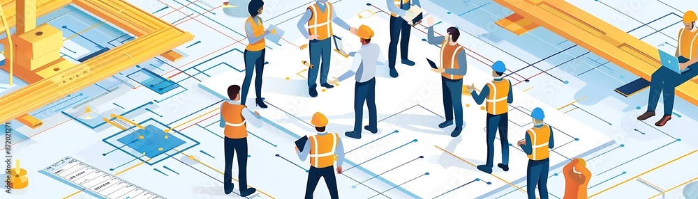 Illustration of Construction Workers Meeting on a Blueprint Illustration of Construction Workers Meeting on a Blueprint