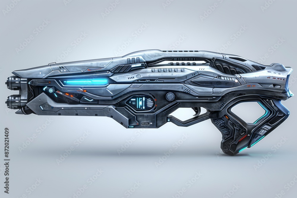 Naklejka premium Futuristic spacecraft with metallic design and neon blue lights representing advanced technology and innovation in a vibrant dynamic setting
