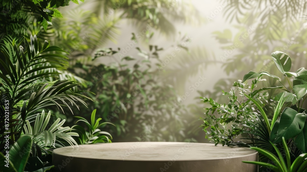 Natural podium product display with leaves tropical forest background Natural podium product display with leaves tropical forest background
