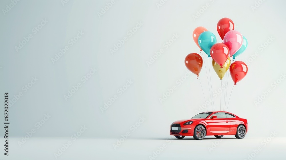 Futuristic Car Model Floating with Colorful Balloons on White Background for Creative Concepts. Futuristic Car Model Floating with Colorful Balloons on White Background for Creative Concepts.