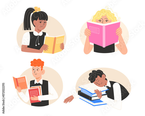 Schoolchildren are reading a textbooks