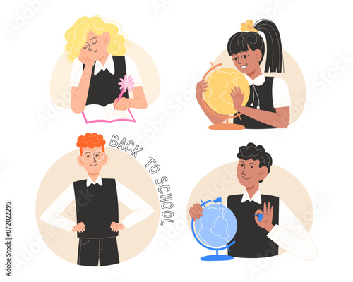 A group of illustrations of schoolchildren in various classes