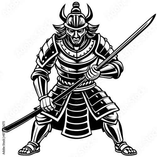 Japanese knight in shining armor, ready for battle with a sword