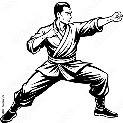 Black vector illustration of a man in a dynamic karate pose, perfect for martial arts or sports