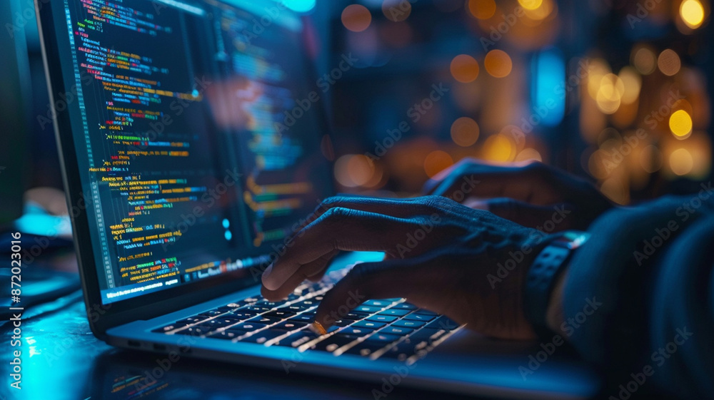 Detailed Shot of a Person's Hands Working on a Laptop, Highlighting the Intricate Details of the Keyboard and the Screen Displaying Lines of Code, Real Photography Detailed Shot of a Person's Hands Working on a Laptop, Highlighting the Intricate Details of the Keyboard and the Screen Displaying Lines of Code, Real Photography