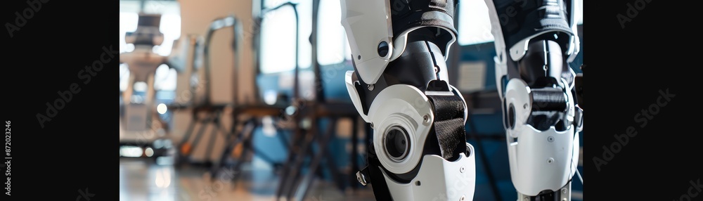 Robotic exoskeleton in rehabilitation center illustrates its use in physical therapy and mobility enhancement. Impact of assistive technology on patient recovery and future of medical rehabilitation. Robotic exoskeleton in rehabilitation center illustrates its use in physical therapy and mobility enhancement. Impact of assistive technology on patient recovery and future of medical rehabilitation.