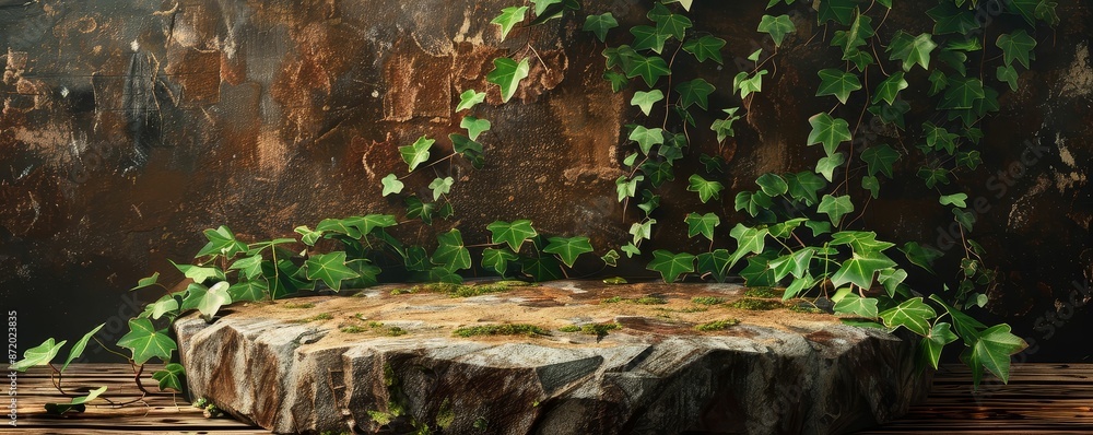 Organic wooden podium with ivy vines and natural textures, Ecofriendly, Warm tones, Soft lighting, Digital painting Organic wooden podium with ivy vines and natural textures, Ecofriendly, Warm tones, Soft lighting, Digital painting
