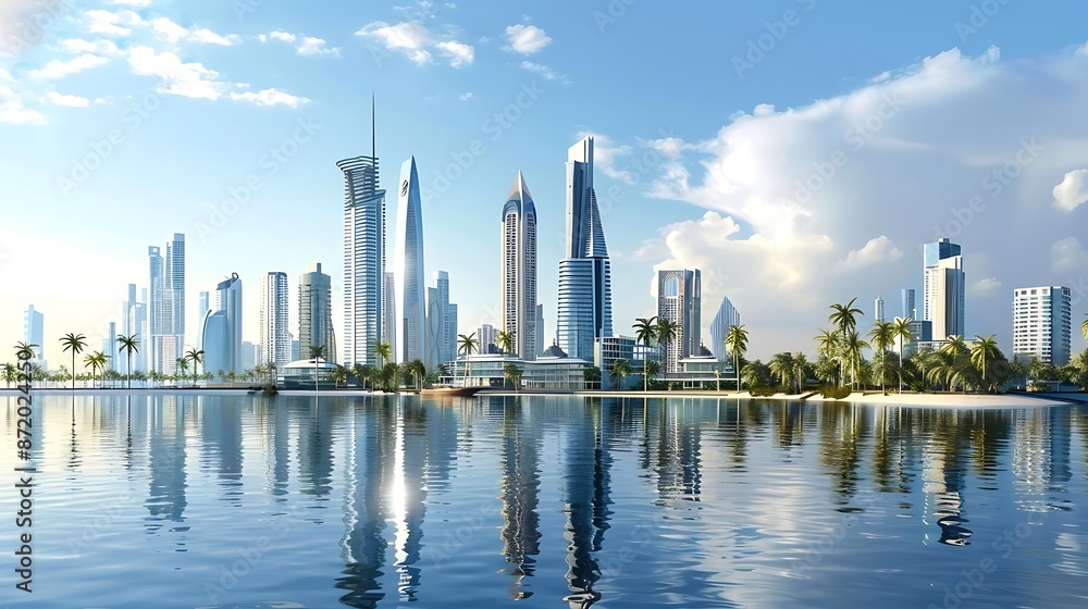 3D Illustration of a Modern Cityscape with Skyscrapers and Palm Trees Reflecting in the Water 3D Illustration of a Modern Cityscape with Skyscrapers and Palm Trees Reflecting in the Water