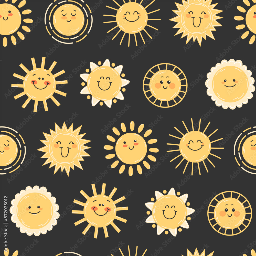 Childish seamless pattern with happy yellow sun smiling on dark background Childish seamless pattern with happy yellow sun smiling on dark background