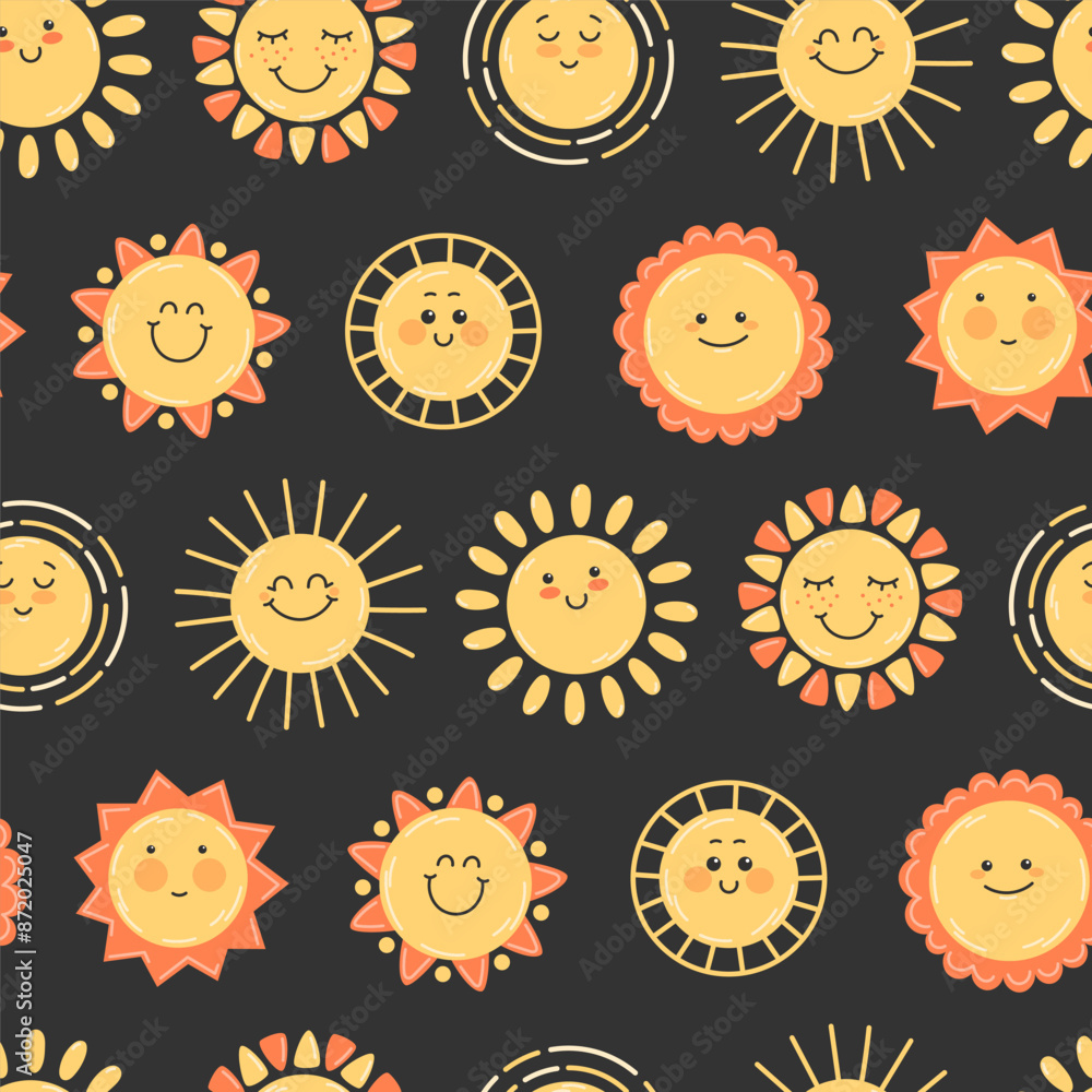 Childish seamless pattern with happy yellow sun smiling on dark background Childish seamless pattern with happy yellow sun smiling on dark background