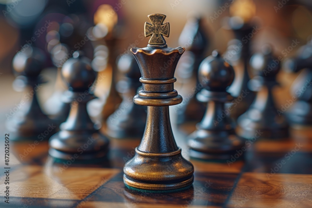 A black chess queen stands in front of her pawns, ready to lead the charge. A black chess queen stands in front of her pawns, ready to lead the charge.
