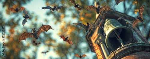 Close-up of bats flying near an old bell tower with a blurred background of autumn trees in bright sunlight. photo