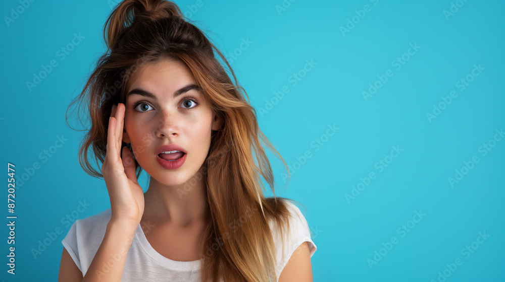 portrait of young Caucasian woman with shocked and surprised expression and hand up, blue background, copy space portrait of young Caucasian woman with shocked and surprised expression and hand up, blue background, copy space