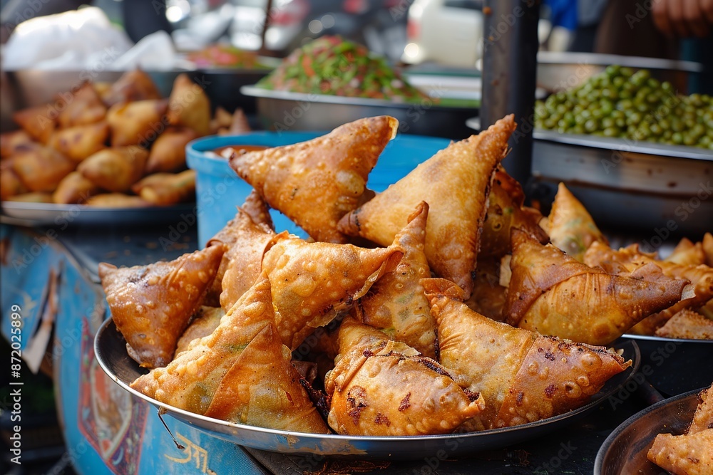 Crispy fried samosas served on a street food stall Crispy fried samosas served on a street food stall