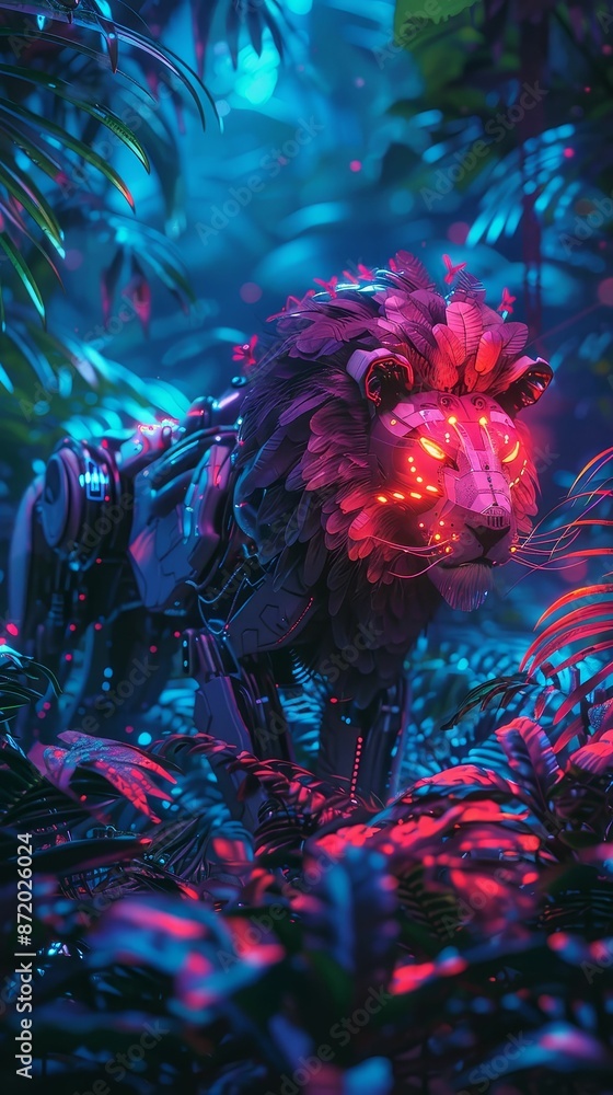 Futuristic robotic lion in a neonlit jungle, Cyberpunk, Bright colors, High detail, 3D rendering Futuristic robotic lion in a neonlit jungle, Cyberpunk, Bright colors, High detail, 3D rendering