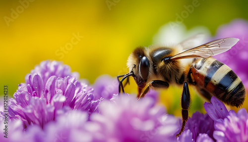 A bee is collecting honey on a colorful flower, with blurred background. Generative AI