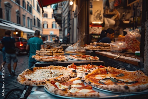 Delicious pizza slices on display in a rome street food market