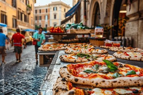 Fototapeta Naklejka Na Ścianę i Meble -  Freshly baked pizza slices at a busy italian market