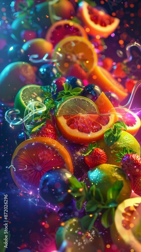 Futuristic fruit salad with glowing edges and holographic details, Scifi, Neon lighting, Digital painting © Jiraphiphat
